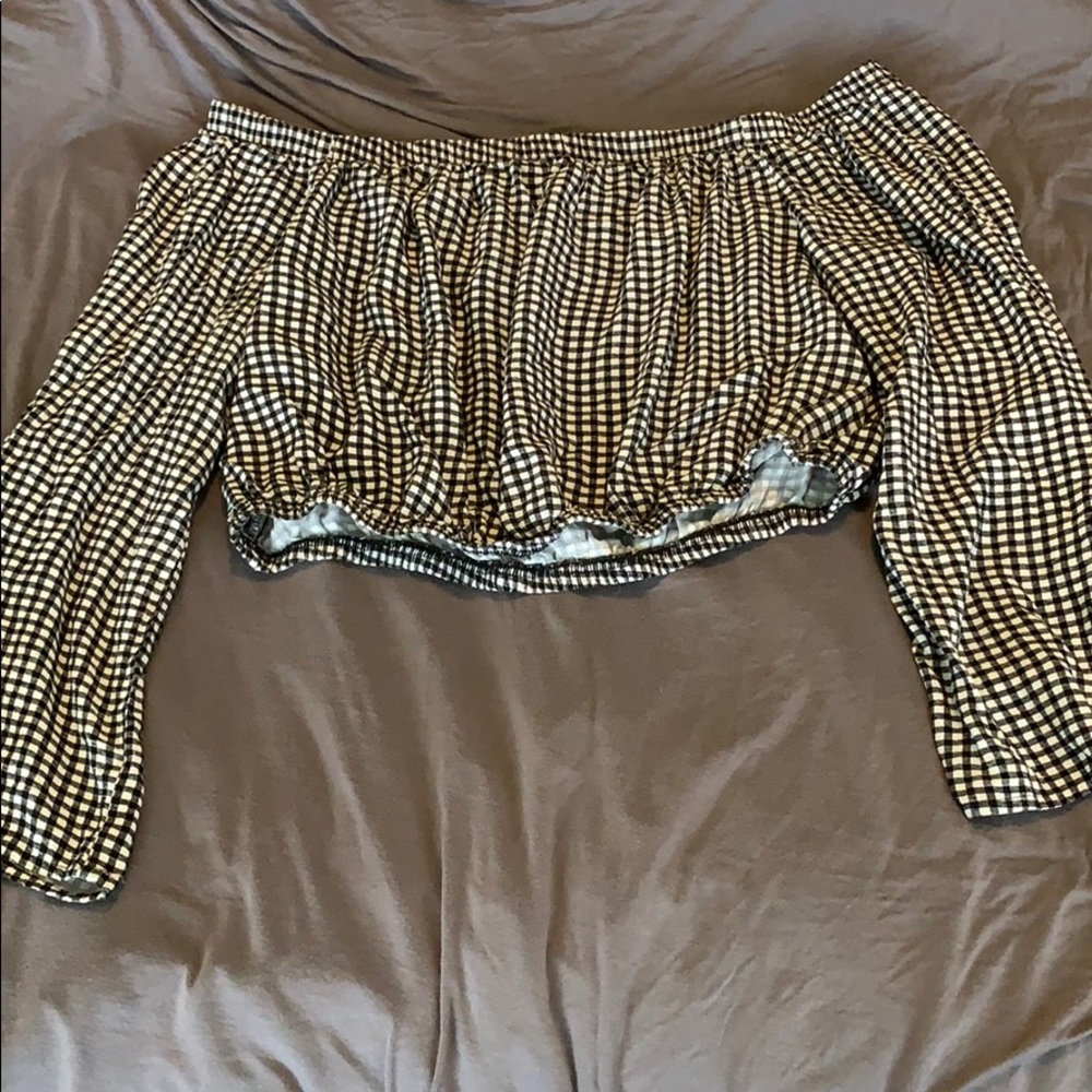 long sleeve off the shoulder checkered top